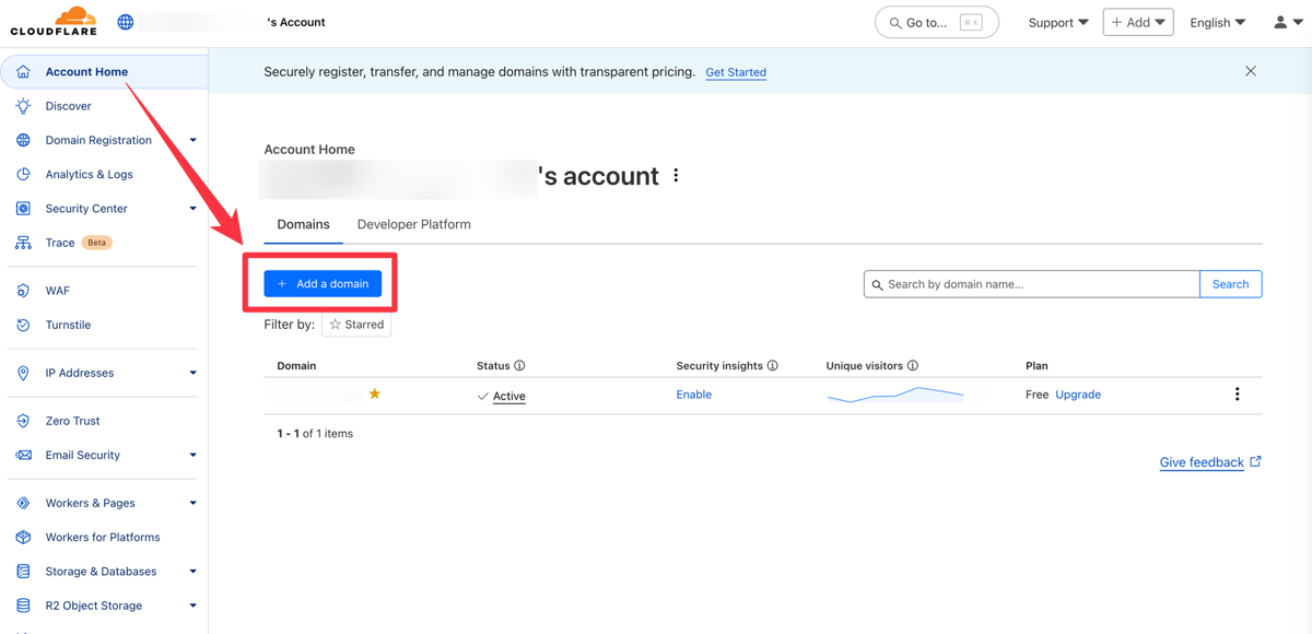 Cloudflare 회원가입 후, 본인 서비스의 도메인(domain)을 추가한다.