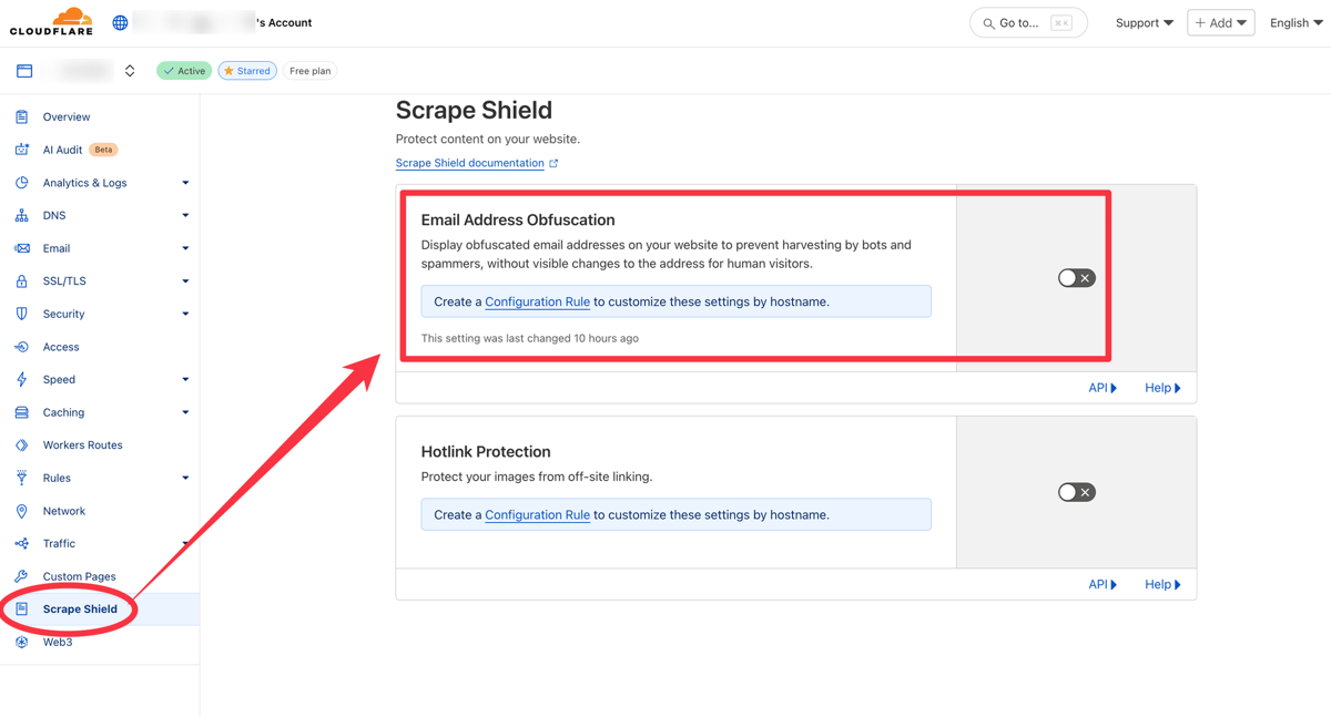Cloudflare Scrape Shield 화면. 이메일 주소 노출을 막는 Email Address Obfuscation 항목이 강조되어 있다
