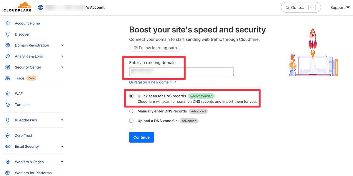 `Quick scan for DNS records (Recommended)`를 선택하면 Cloudflare가 알아서 DNS 레코드를 스캔해서 아래처럼 보여준다. Quick scan for DNS records (Recommended)를 선택하면 Cloudflare가 알아서 DNS 레코드를 스캔해서 아래처럼 보여준다.