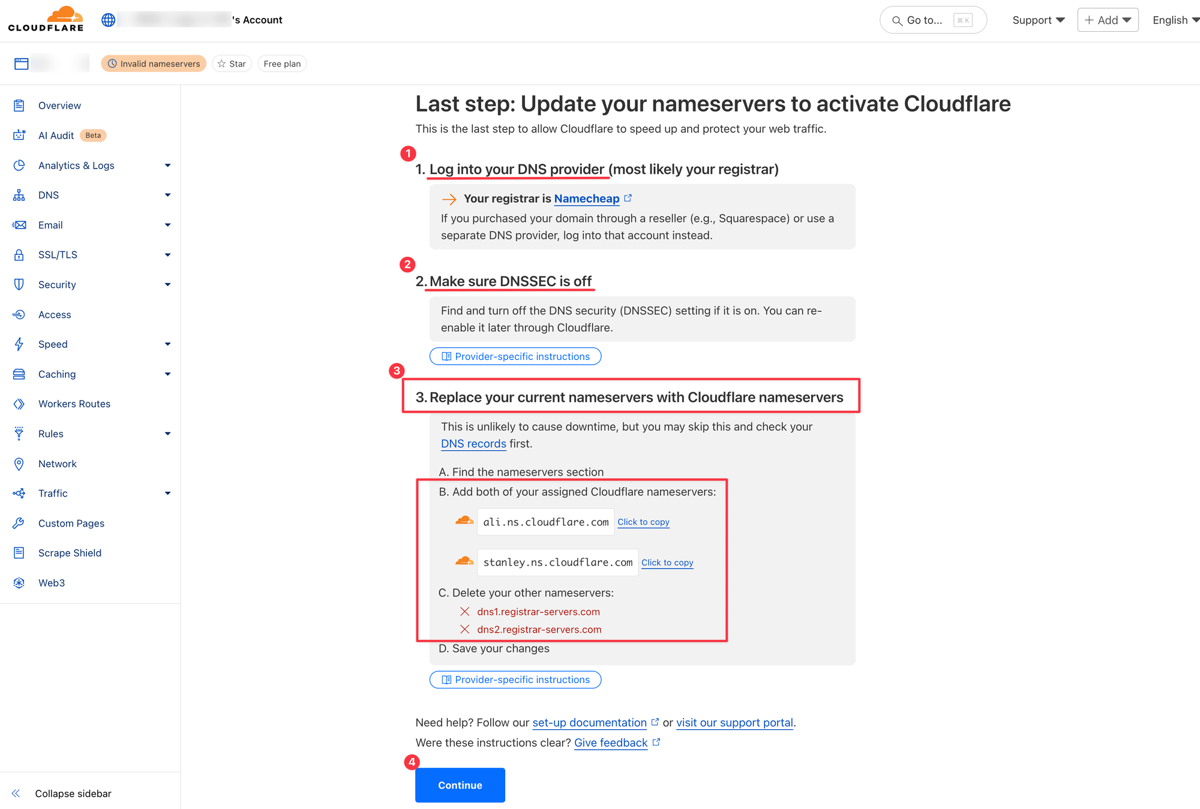 Cloudflare의 네임서버 변경 안내 화면. 등록기관에서 기존 네임서버를 지우고 Cloudflare 네임서버 두 개를 넣으라는 단계가 강조되어 있다