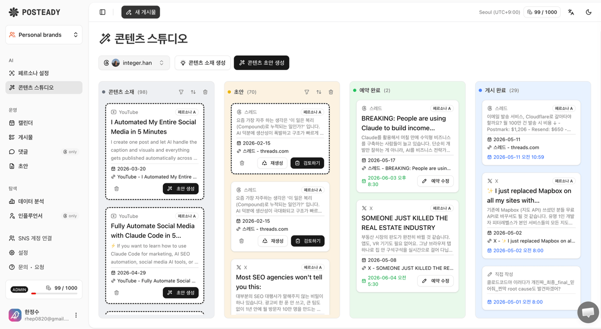 Posteady 콘텐츠 스튜디오 화면. 콘텐츠 소재·초안·예약 완료·게시 완료 네 개 칸반 열에 SNS 게시물 카드가 놓여 있다